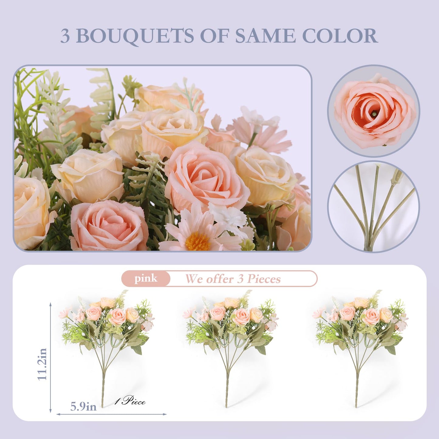 Artificial Flowers 3 Pack Artificial Fake Flowers Bouquet Wedding Bouquets Decorations Plastic Floral for Party Home Décor