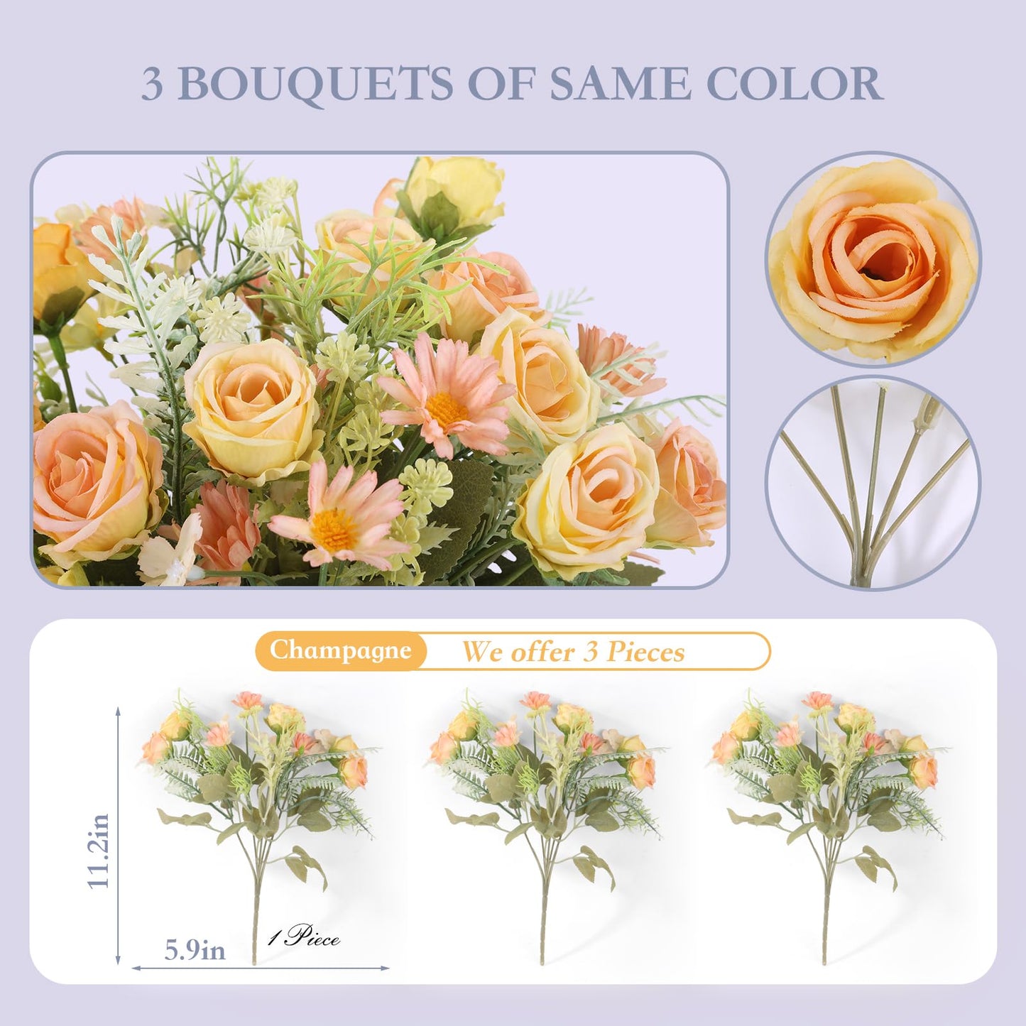 Artificial Flowers 3 Pack Artificial Fake Flowers Bouquet Wedding Bouquets Decorations Plastic Floral for Party Home Décor
