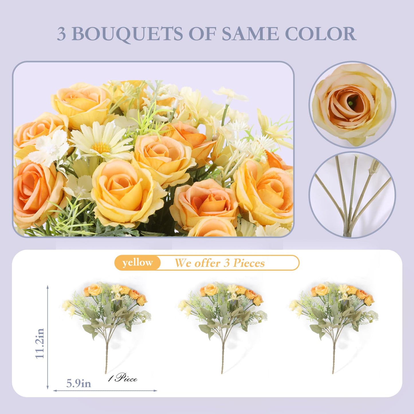 Artificial Flowers 3 Pack Artificial Fake Flowers Bouquet Wedding Bouquets Decorations Plastic Floral for Party Home Décor