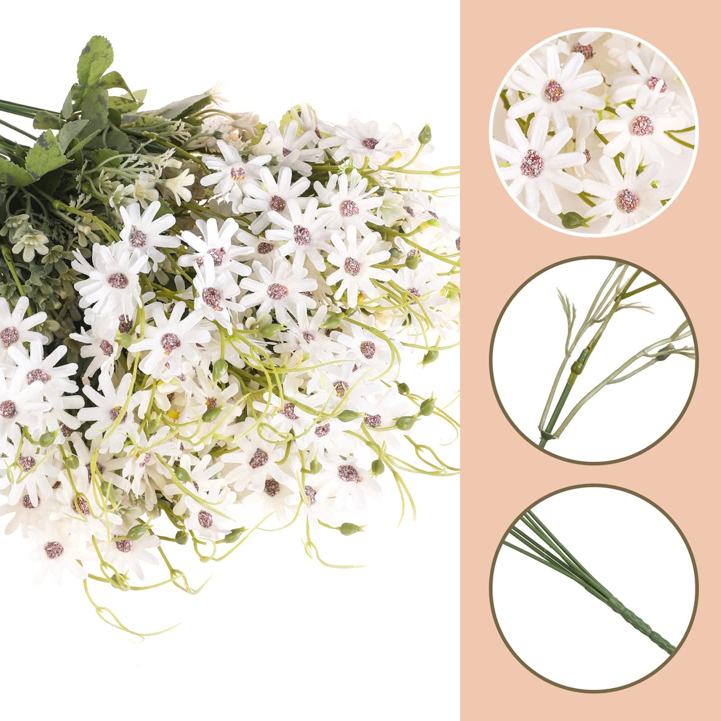 6 Bundles Artificial Wildflowers Daisy Fake Greenery Plastic Silk Bouquets UV Resistant Outdoor Garden Plants Arrangements for Indoor Home Decoration