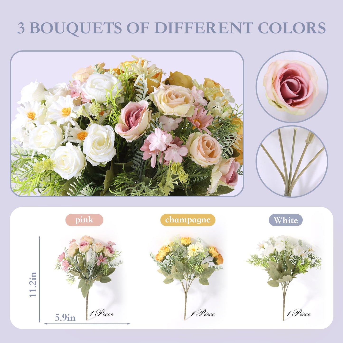 Artificial Flowers 3 Pack Artificial Fake Flowers Bouquet Wedding Bouquets Decorations Plastic Floral for Party Home Décor