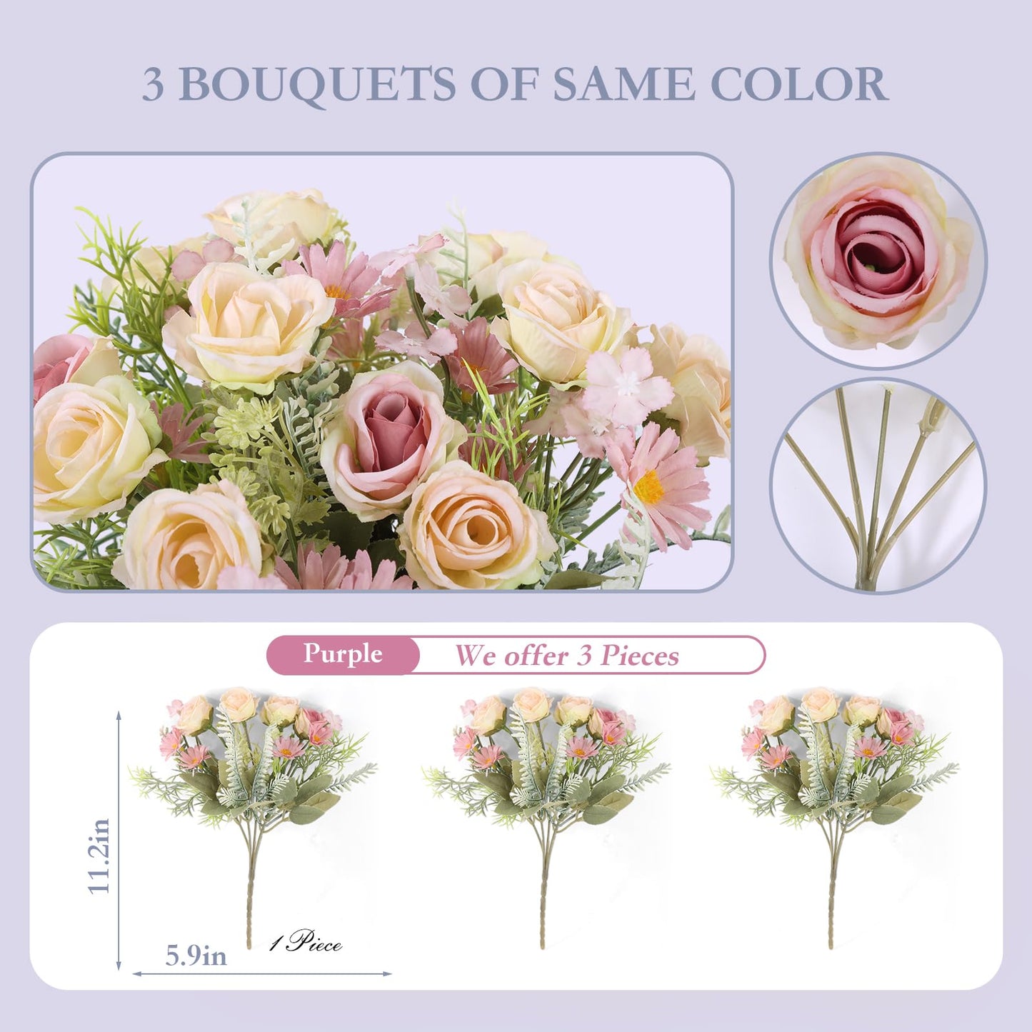 Artificial Flowers 3 Pack Artificial Fake Flowers Bouquet Wedding Bouquets Decorations Plastic Floral for Party Home Décor