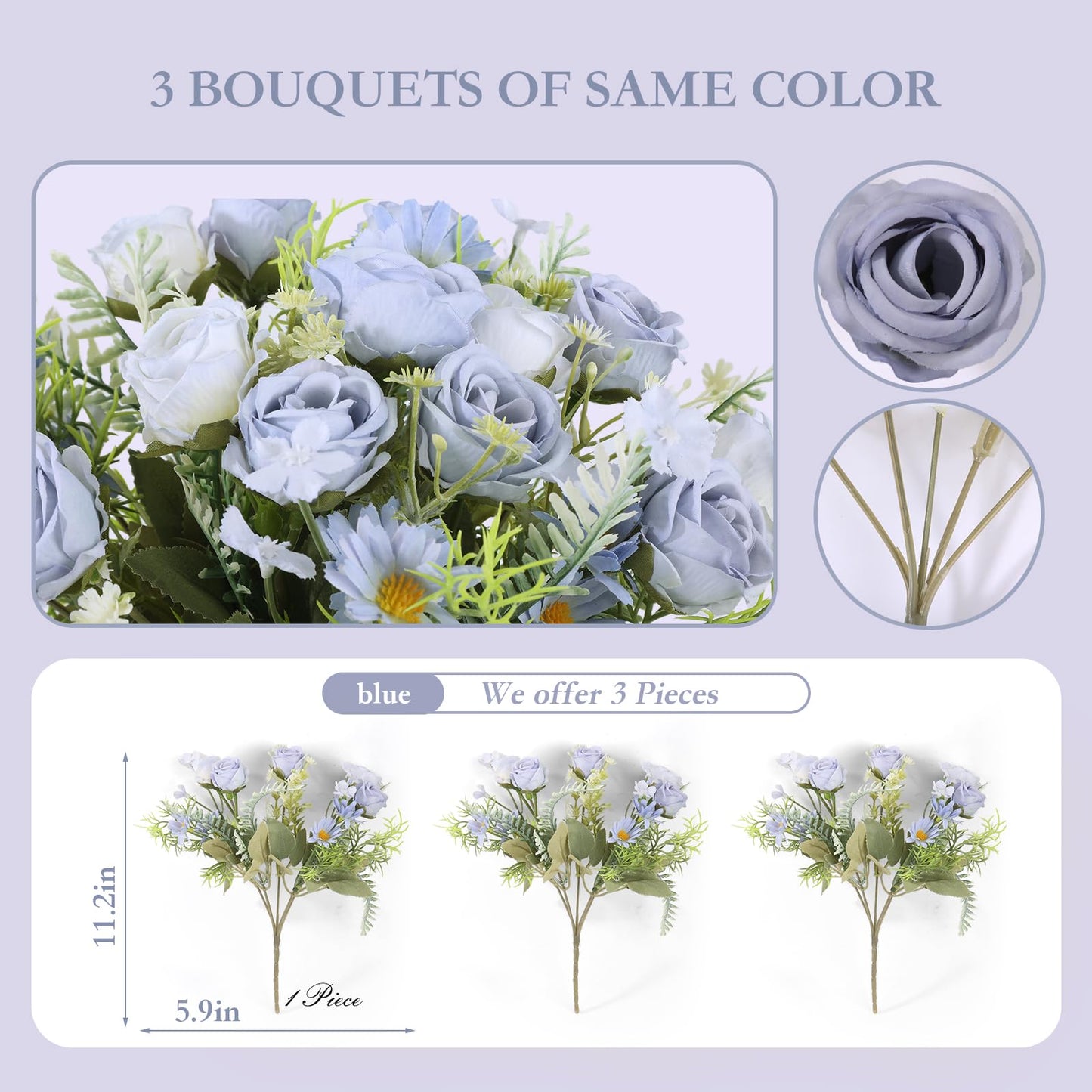 Artificial Flowers 3 Pack Artificial Fake Flowers Bouquet Wedding Bouquets Decorations Plastic Floral for Party Home Décor