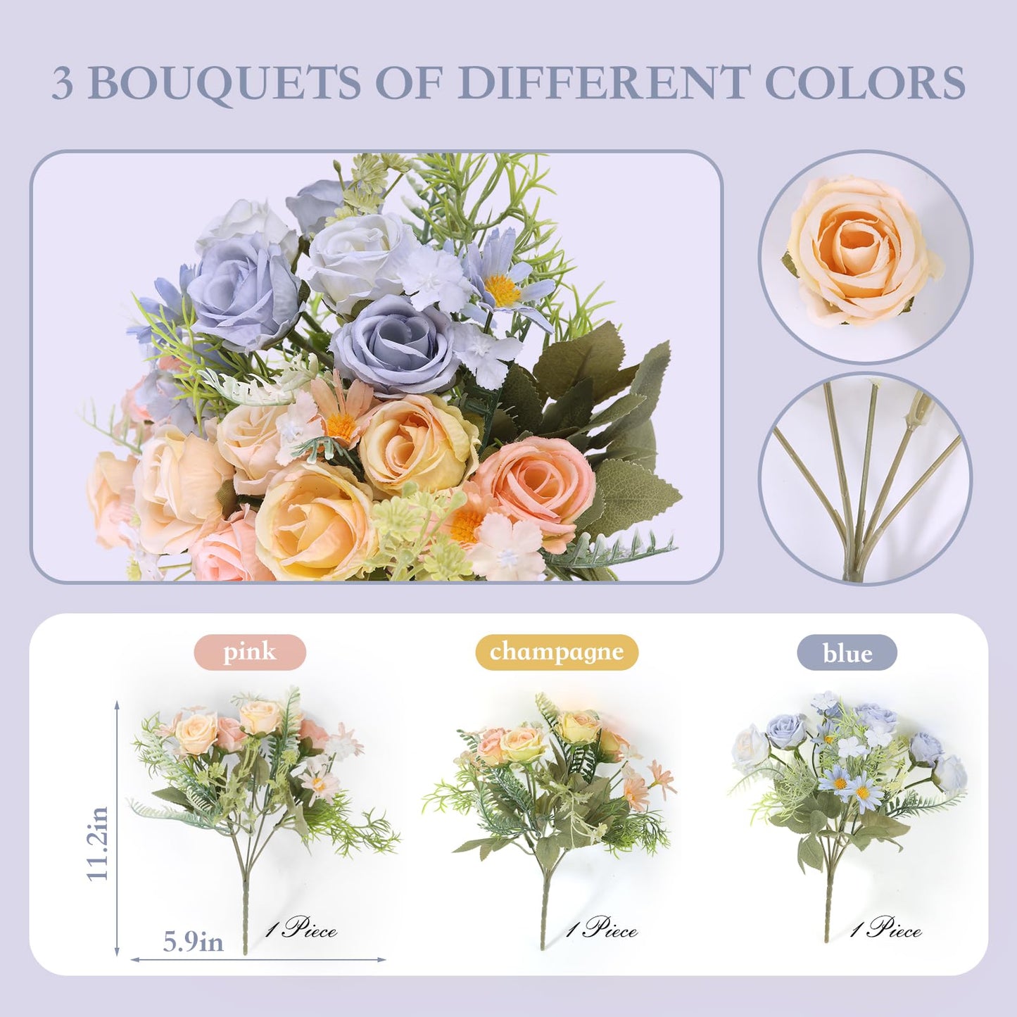 Artificial Flowers 3 Pack Artificial Fake Flowers Bouquet Wedding Bouquets Decorations Plastic Floral for Party Home Décor