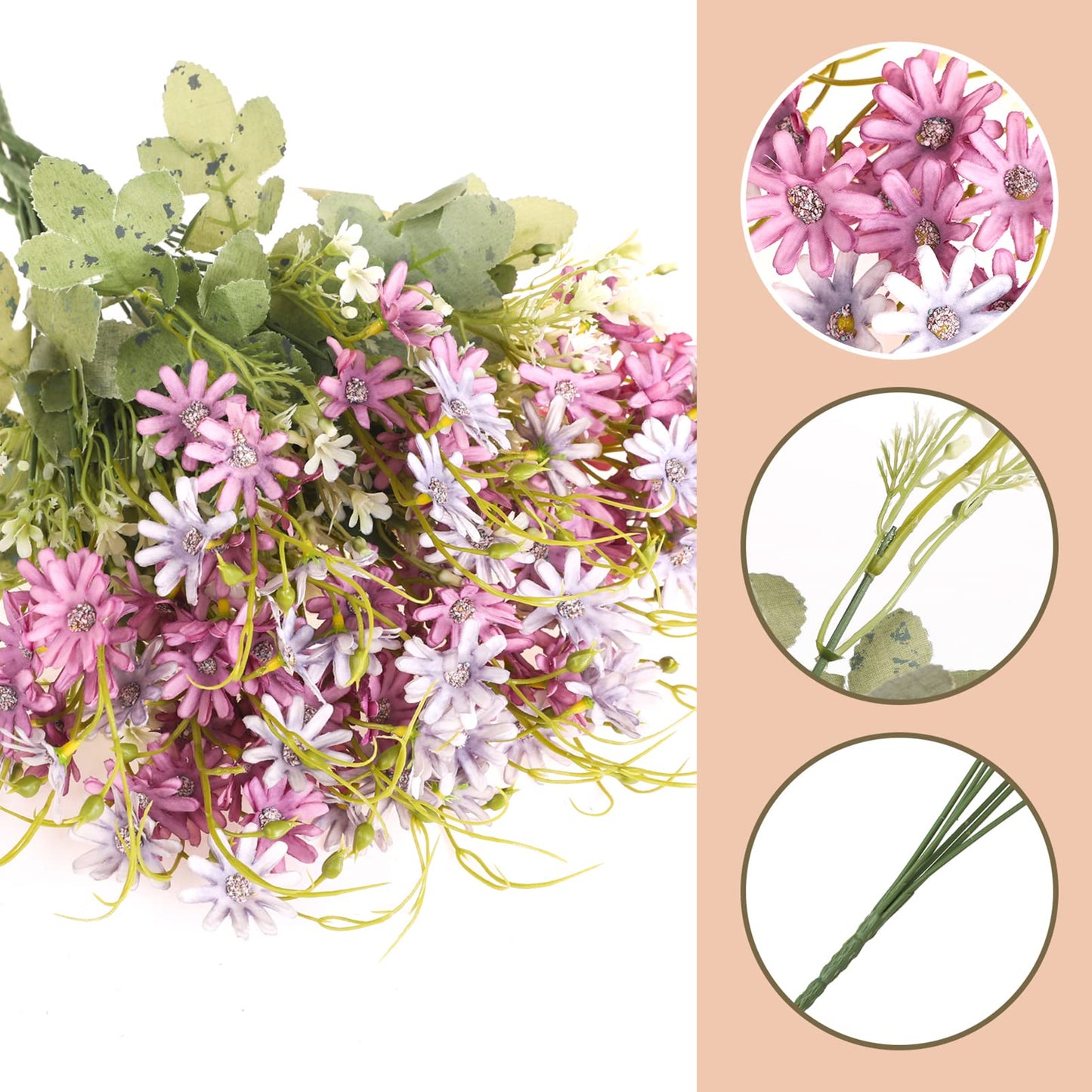 6 Bundles Artificial Wildflowers Daisy Fake Greenery Plastic Silk Bouquets UV Resistant Outdoor Garden Plants Arrangements for Indoor Home Decoration