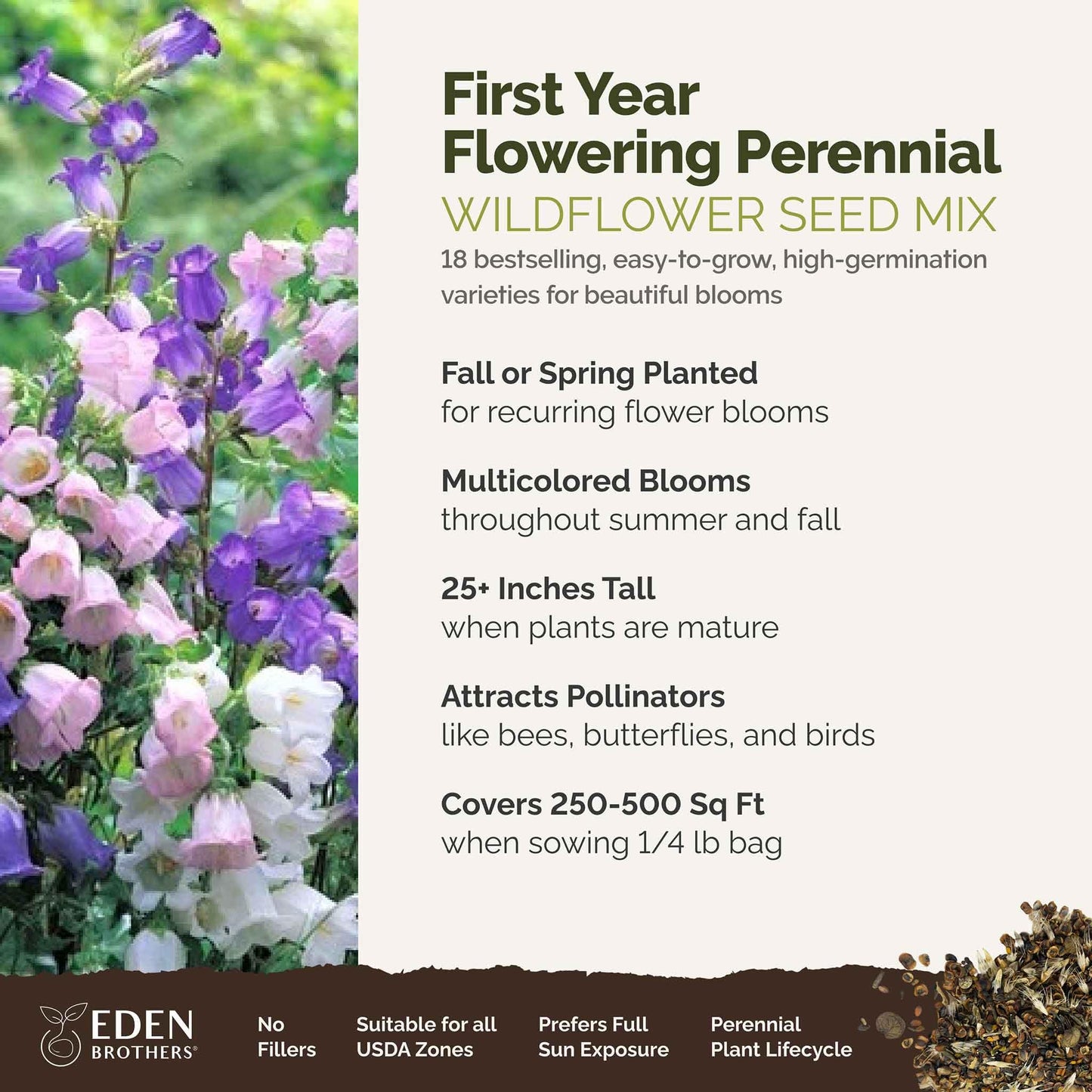Eden Brothers All Perennial Wildflower Mixed Seeds for Planting, 1/4 lb, 120,000+ Seeds with Lupine, Shasta Daisy | Attracts Pollinators, Plant in Spring or Fall, Zones 3, 4, 5, 6, 7, 8, 9, 10