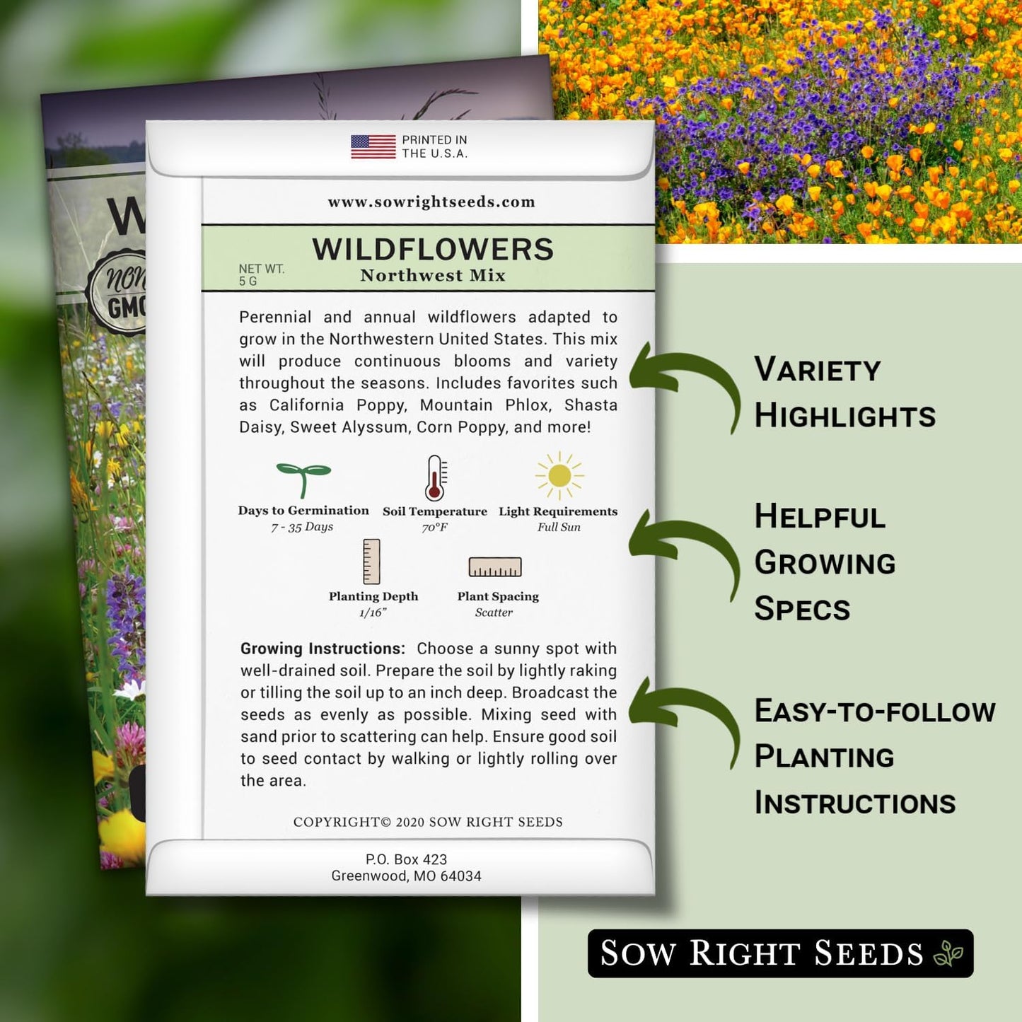 Sow Right Seeds - Wildflowers Seeds Mix for Planting in Northwest - Non-GMO Heirloom Varieties to Grow a Wild Flower Garden - Perennial and Annual Flowers to Attract Pollinators - Colorful Blooms (1)