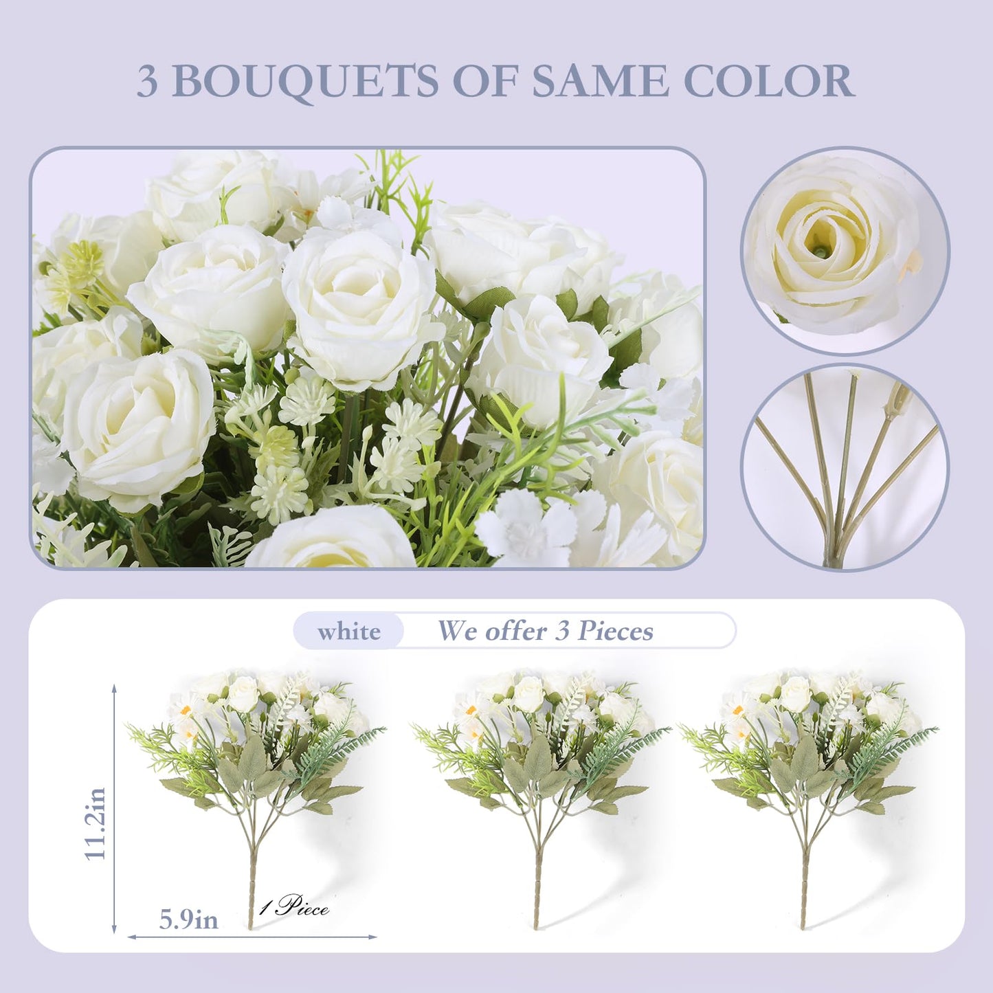 Artificial Flowers 3 Pack Artificial Fake Flowers Bouquet Wedding Bouquets Decorations Plastic Floral for Party Home Décor