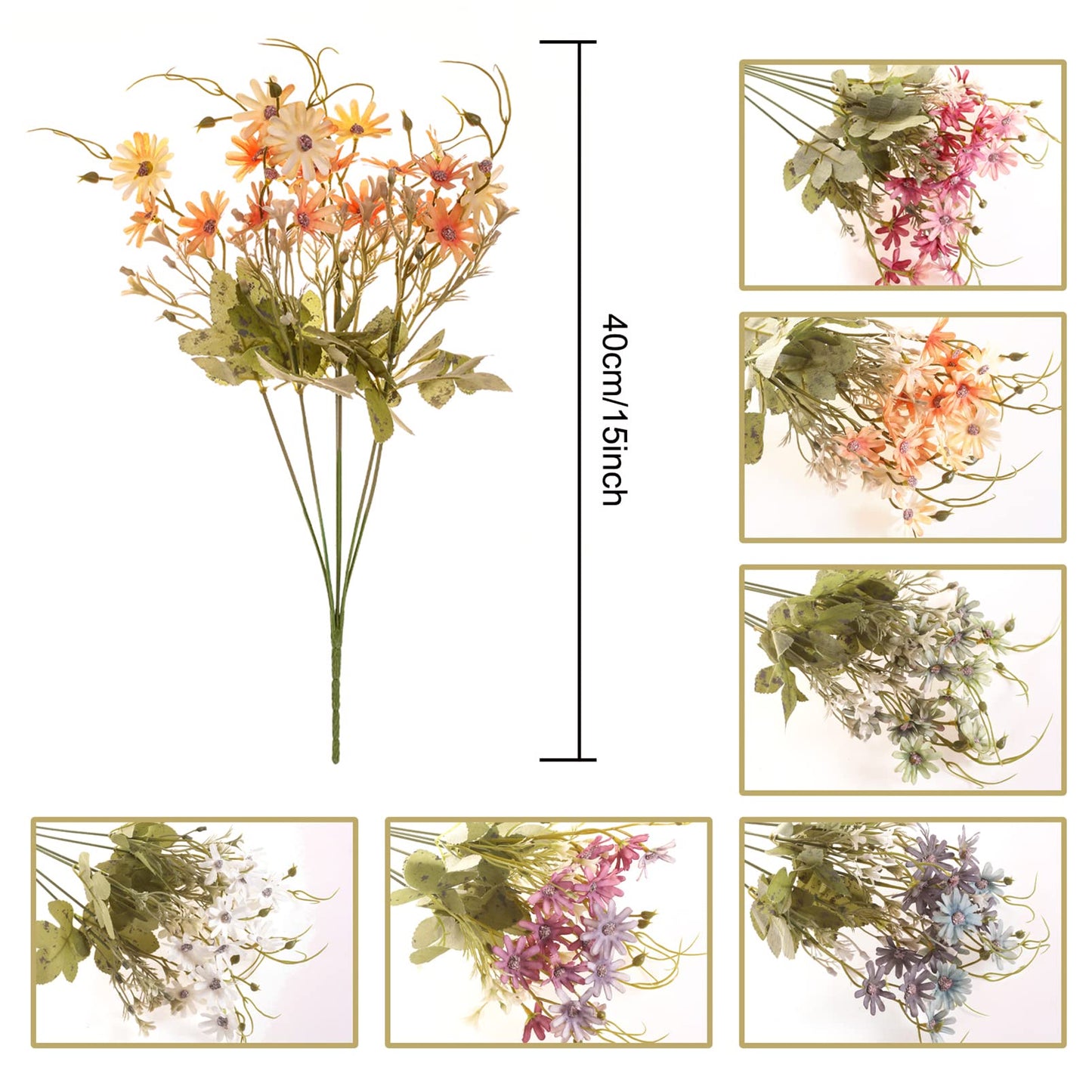 6 Bundles Artificial Wildflowers Daisy Fake Greenery Plastic Silk Bouquets UV Resistant Outdoor Garden Plants Arrangements for Indoor Home Decoration