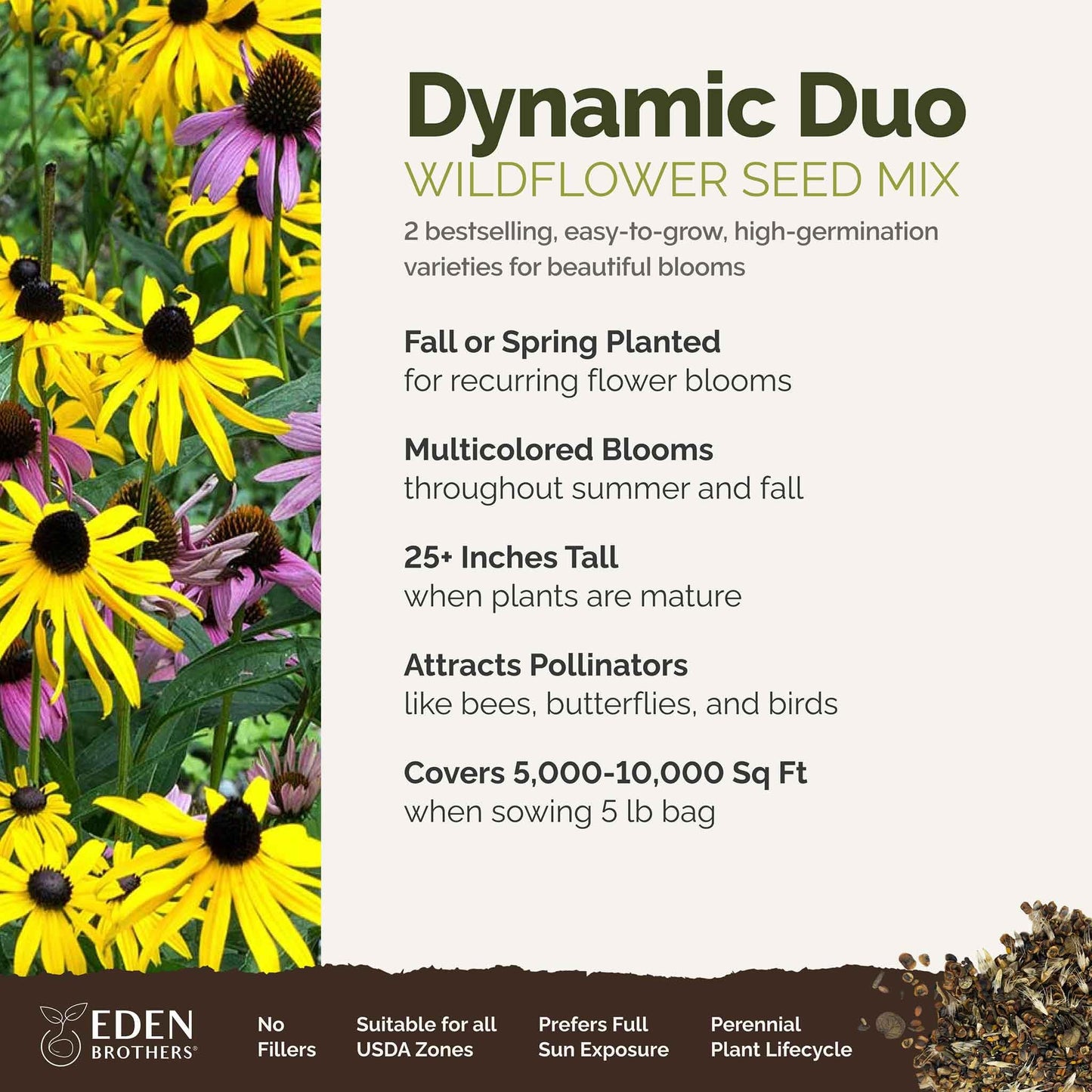 Eden Brothers All Perennial Wildflower Mixed Seeds for Planting, 1/4 lb, 120,000+ Seeds with Lupine, Shasta Daisy | Attracts Pollinators, Plant in Spring or Fall, Zones 3, 4, 5, 6, 7, 8, 9, 10