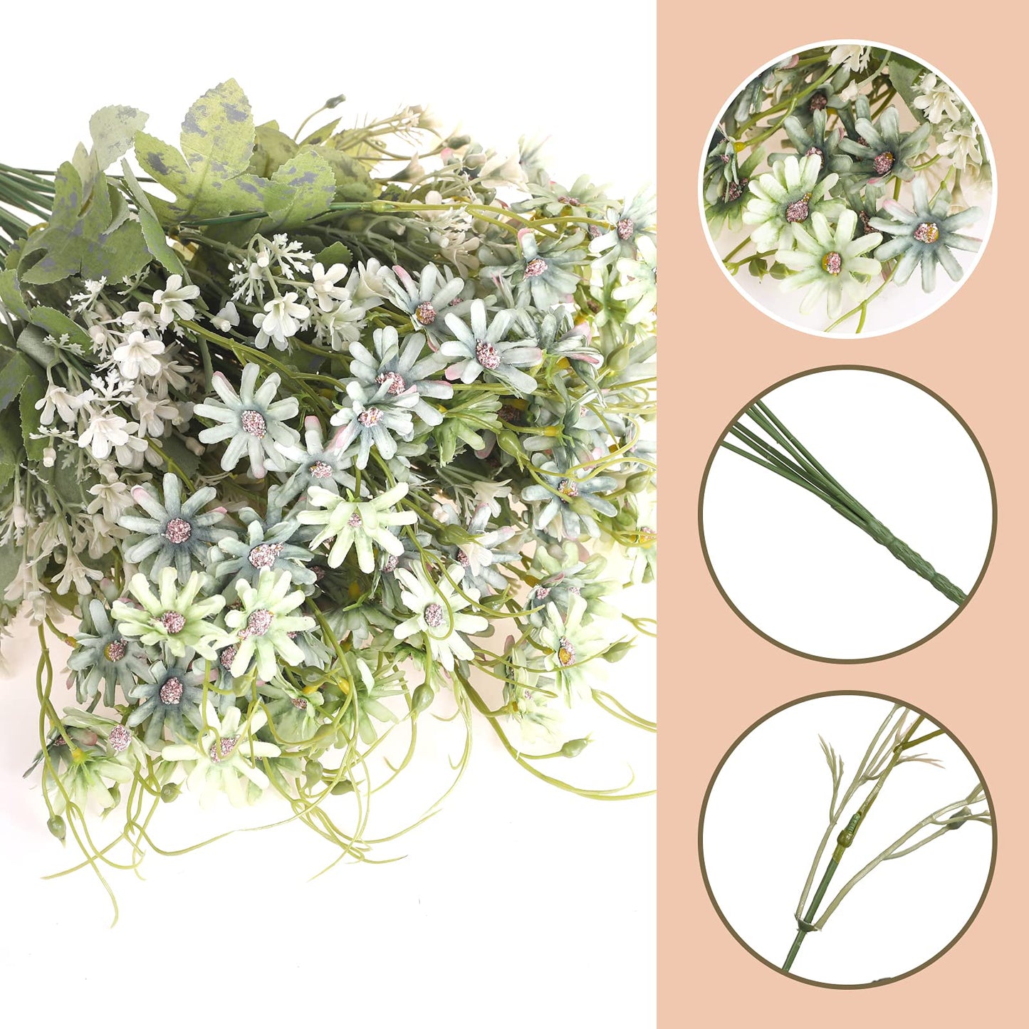 6 Bundles Artificial Wildflowers Daisy Fake Greenery Plastic Silk Bouquets UV Resistant Outdoor Garden Plants Arrangements for Indoor Home Decoration