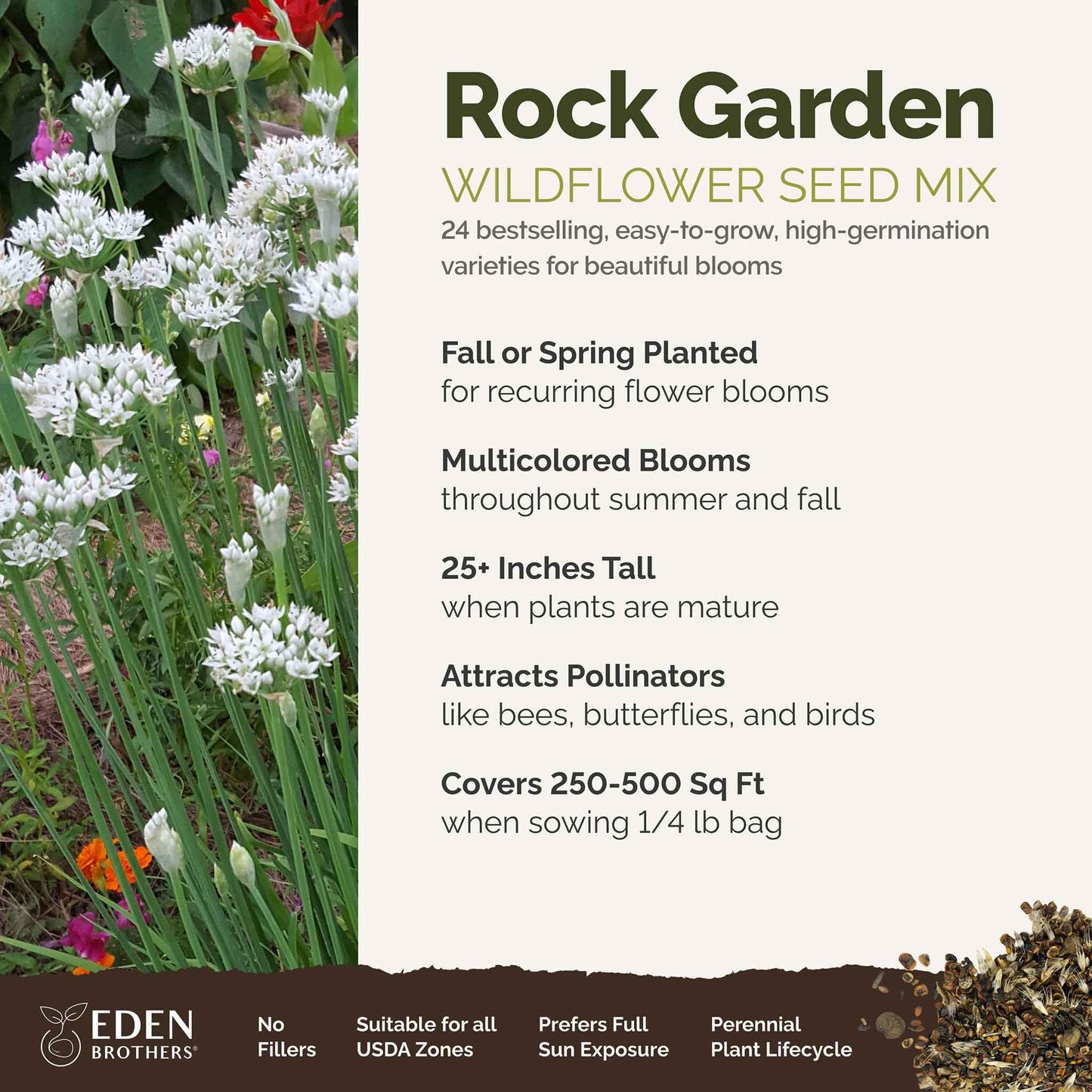 Eden Brothers All Perennial Wildflower Mixed Seeds for Planting, 1/4 lb, 120,000+ Seeds with Lupine, Shasta Daisy | Attracts Pollinators, Plant in Spring or Fall, Zones 3, 4, 5, 6, 7, 8, 9, 10