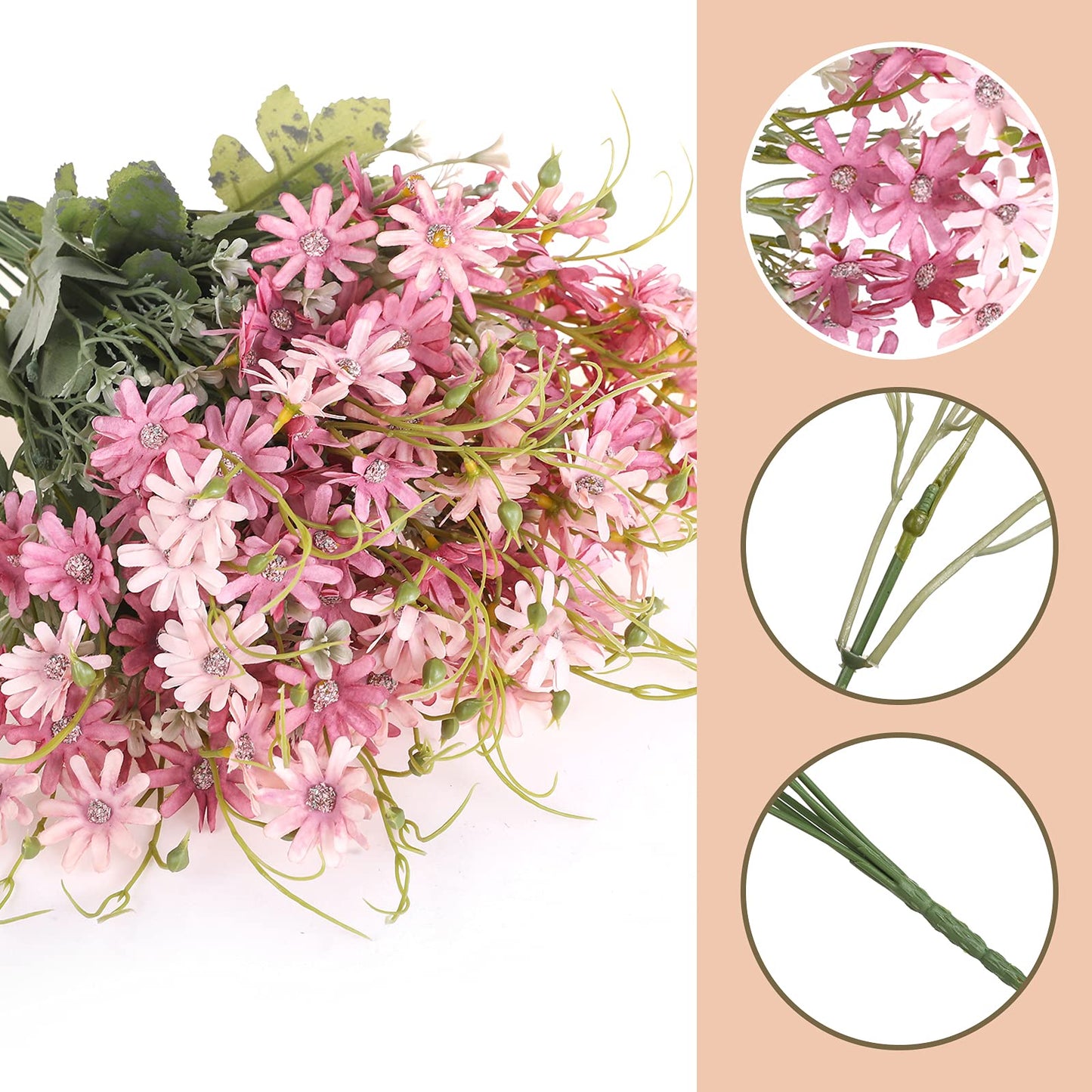 6 Bundles Artificial Wildflowers Daisy Fake Greenery Plastic Silk Bouquets UV Resistant Outdoor Garden Plants Arrangements for Indoor Home Decoration